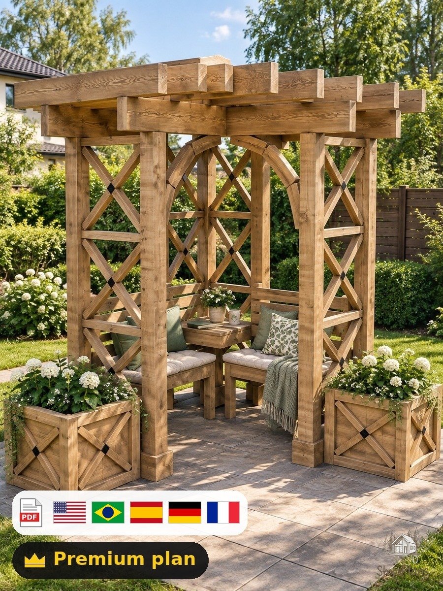 Wooden Corner Pergola With Benches - Photo 3